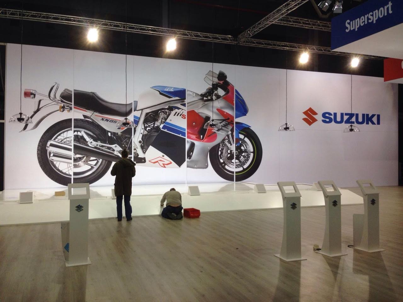 2016 Suzuki exhibition installation showing the original sliced motorcycle wall